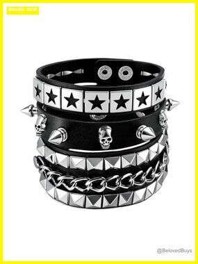 Punk Rock Leather Bracelets Set for Women 80s 90s Emo Jewelry